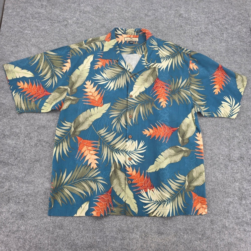 Tommy Bahama Relax Mens XL Blue Silk Tropical Ginger Flower Palm Camp Shirt